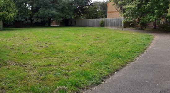 Landscape view of an area of amenity grassland and footpath on a housing development