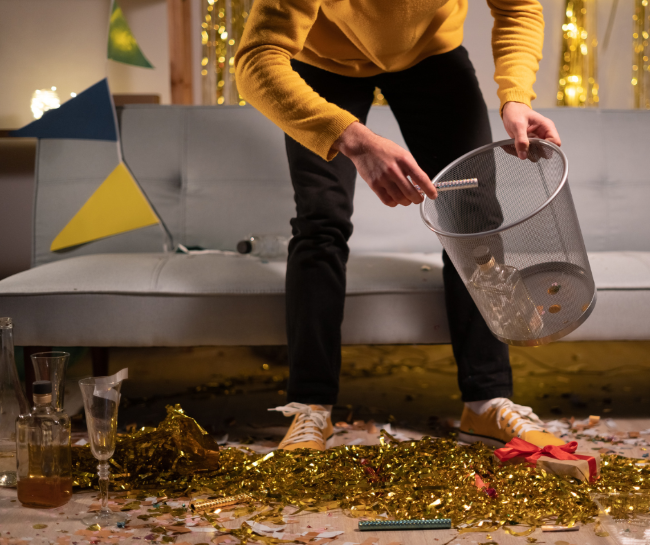 Man holding wastepaper basket and sweeping up tinsel and glitter