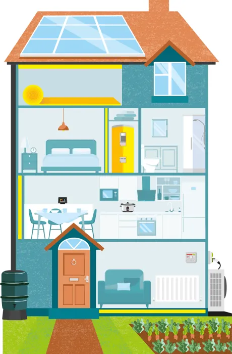 Illustration of a house showing the interior or rooms and loft space, and garden area.