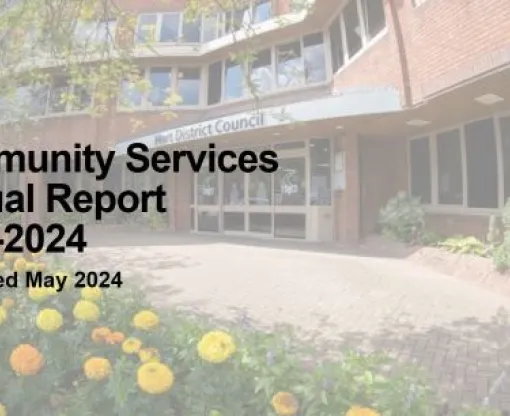 Community Services annual report 23-24 title over image of council offices with yellow and orange flowers in foreground