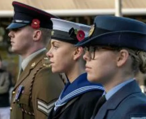 A soldier, sailor and RAF personnel in uniform and standing in a line with red poppies attached to hats