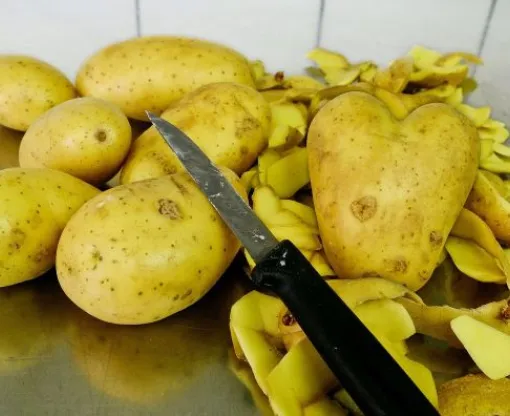 Potato peelings on kitchen side