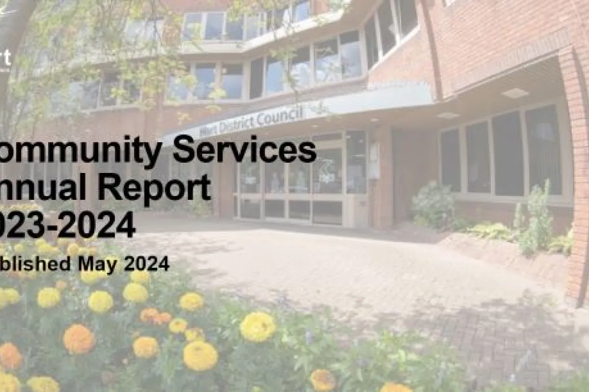 Community Services annual report 23-24 title over image of council offices with yellow and orange flowers in foreground