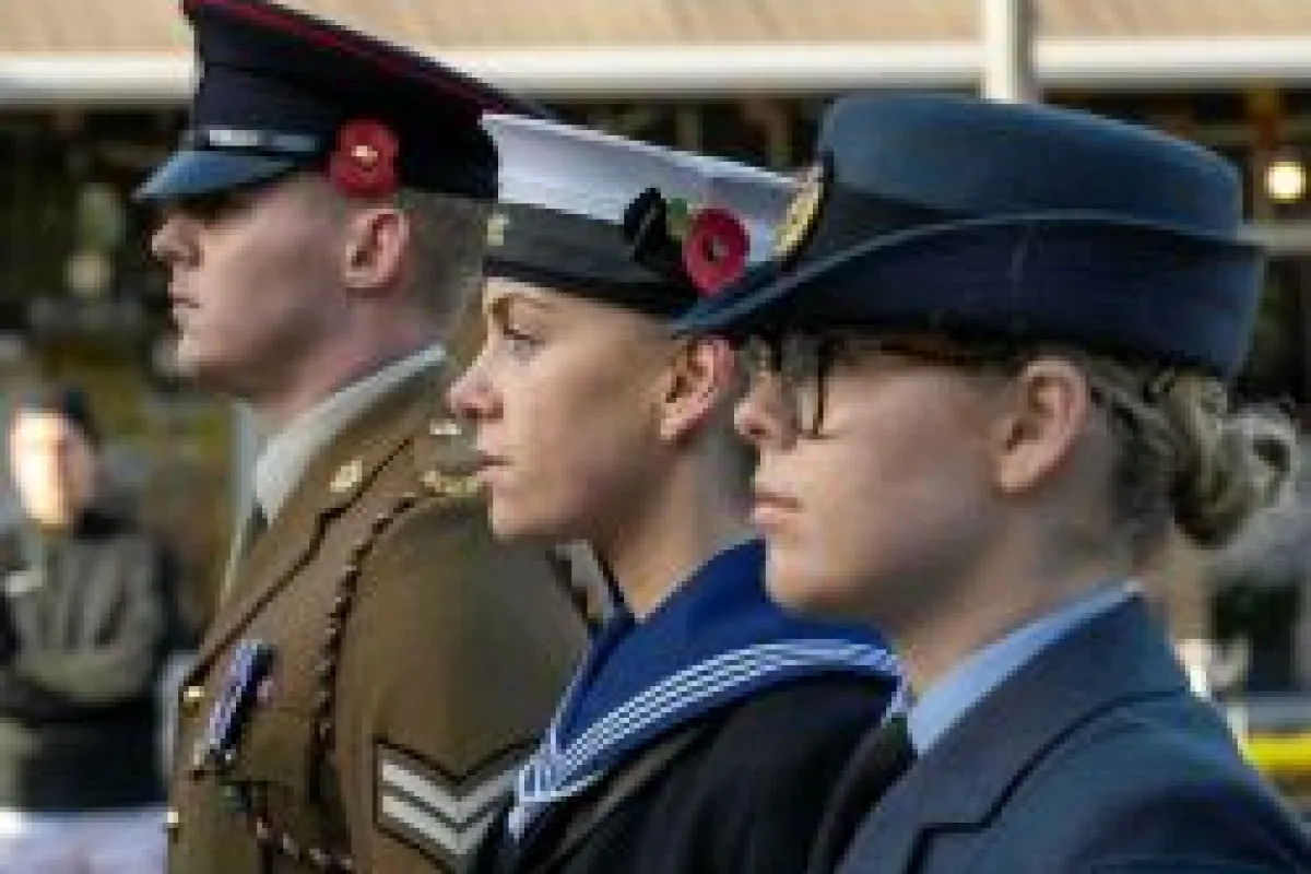 A soldier, sailor and RAF personnel in uniform and standing in a line with red poppies attached to hats