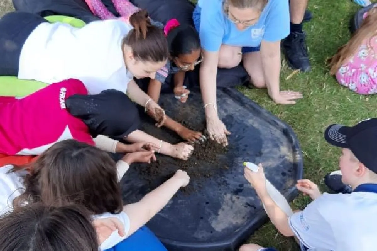 Group of children at outdoor activity playing with soil