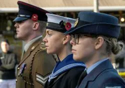 A soldier, sailor and RAF personnel in uniform and standing in a line with red poppies attached to hats