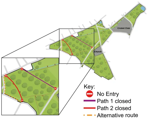 Hartley Wintney Commons map of path closure